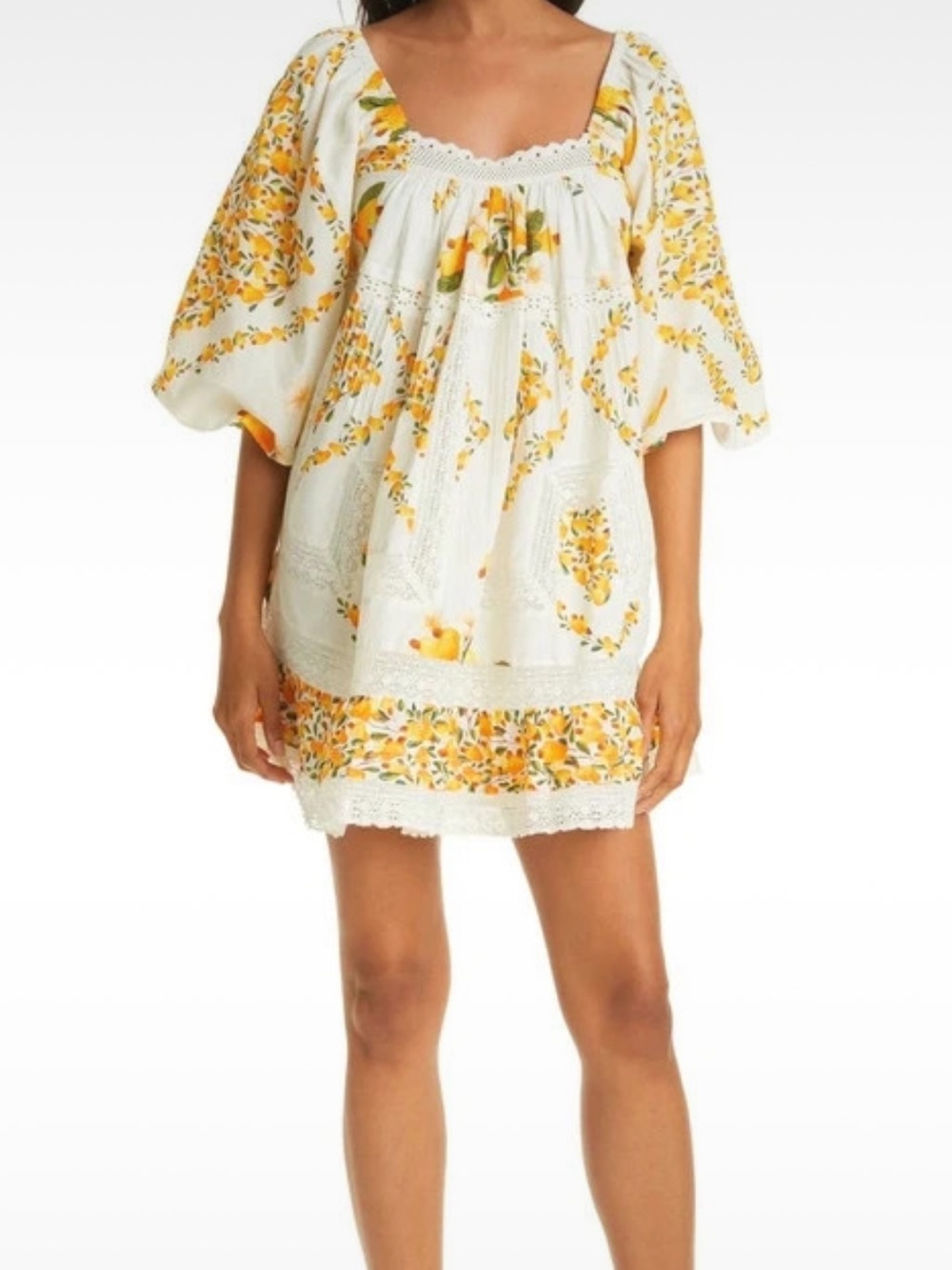 FARM Rio Cashew Mini Dress Puff Sleeves Lace Pears